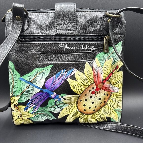Anuschka Leather Hand Painted Dragonflies & Sunflowers Handbag - Picture 9 of 16